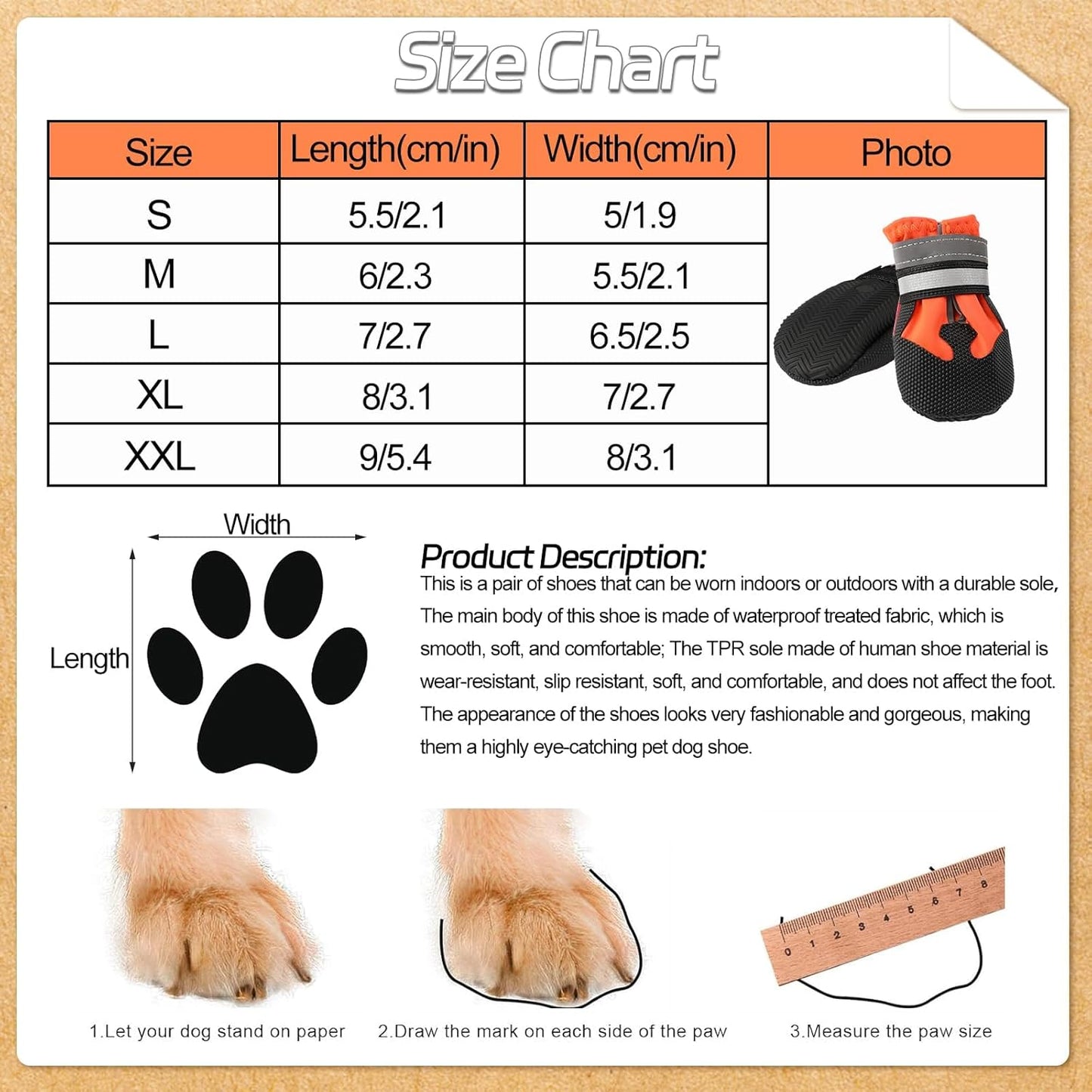 HAPURS - waterproof dog boots with reflective straps - non-slip, adjustable protection for outdoor adventures (Orange)