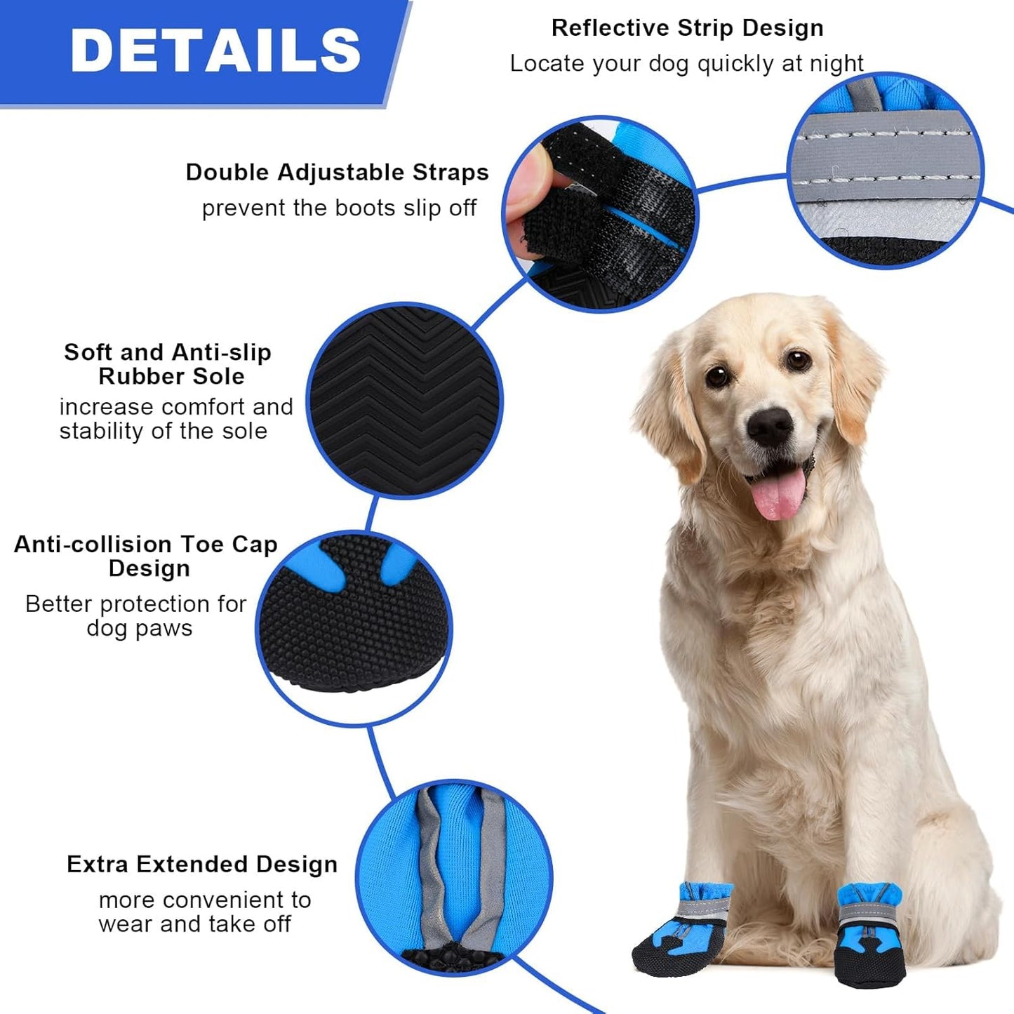 Hapurs - Waterproof reflective dog boots with non-slip soles - perfect for outdoor adventures and paw protection (Blue)