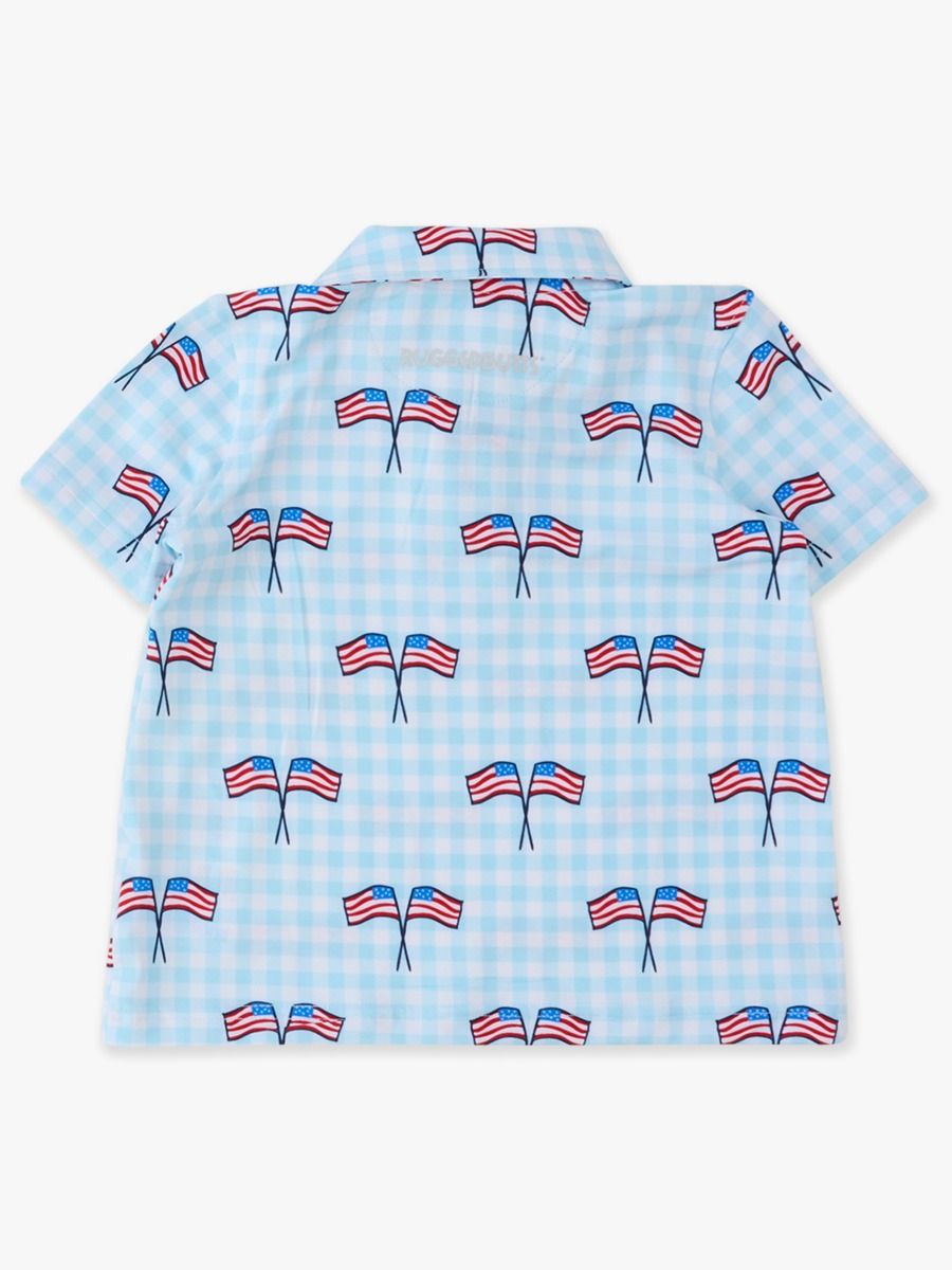 Boys Blue Patriotic Gingham Knit Short Sleeve Performance Polo