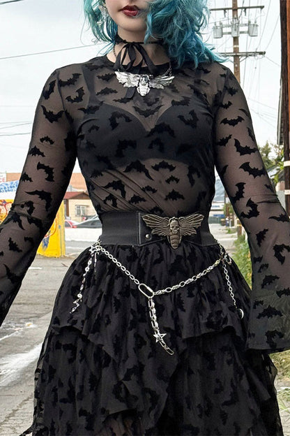 Bat Repeat Mesh Bell Sleeve Top