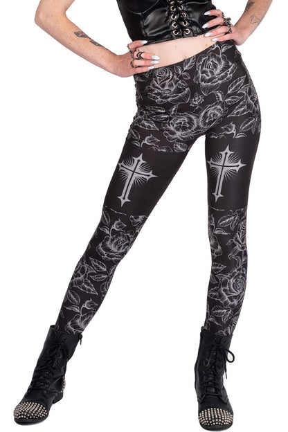 Classic Goth Rose Cross High Waist Leggings