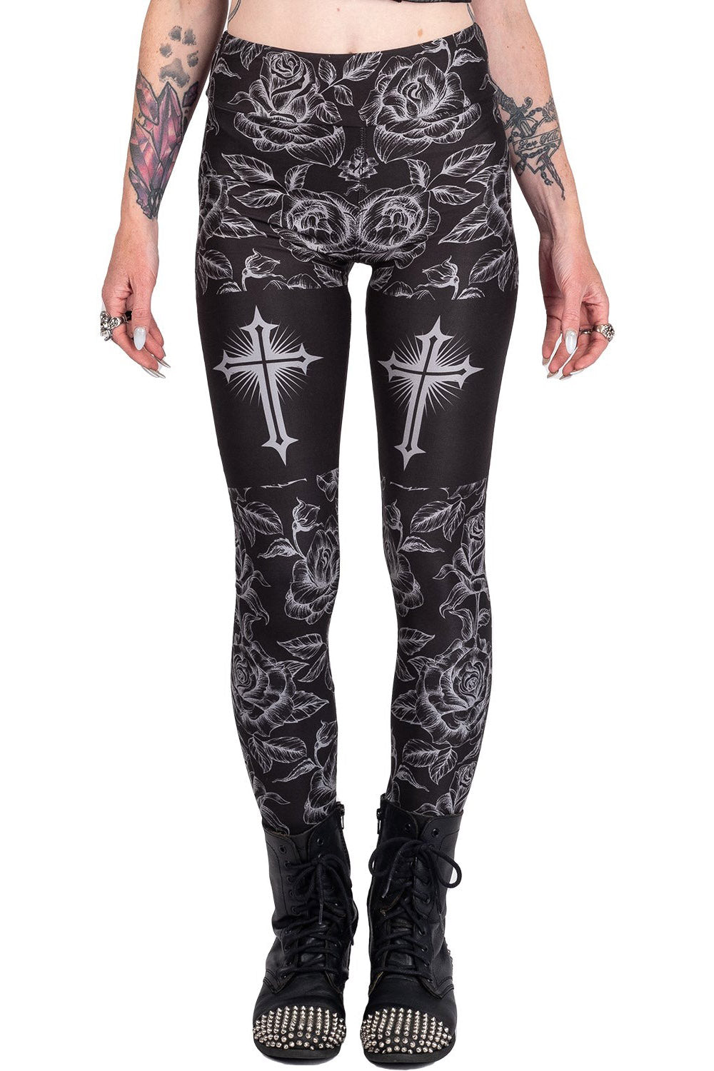Classic Goth Rose Cross High Waist Leggings