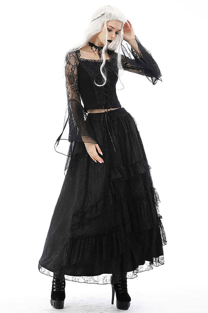 Black Twilight Ruffle Lace Maxi Skirt