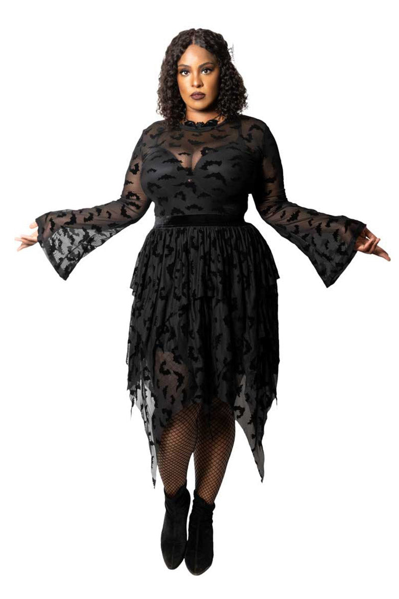 Bat Repeat Mesh Tiered Midi Skirt