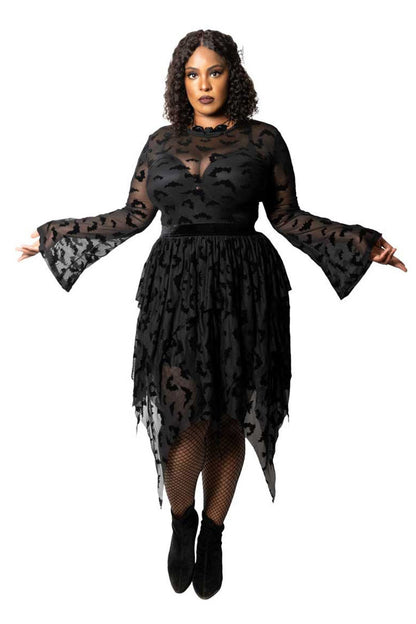 Bat Repeat Mesh Tiered Midi Skirt