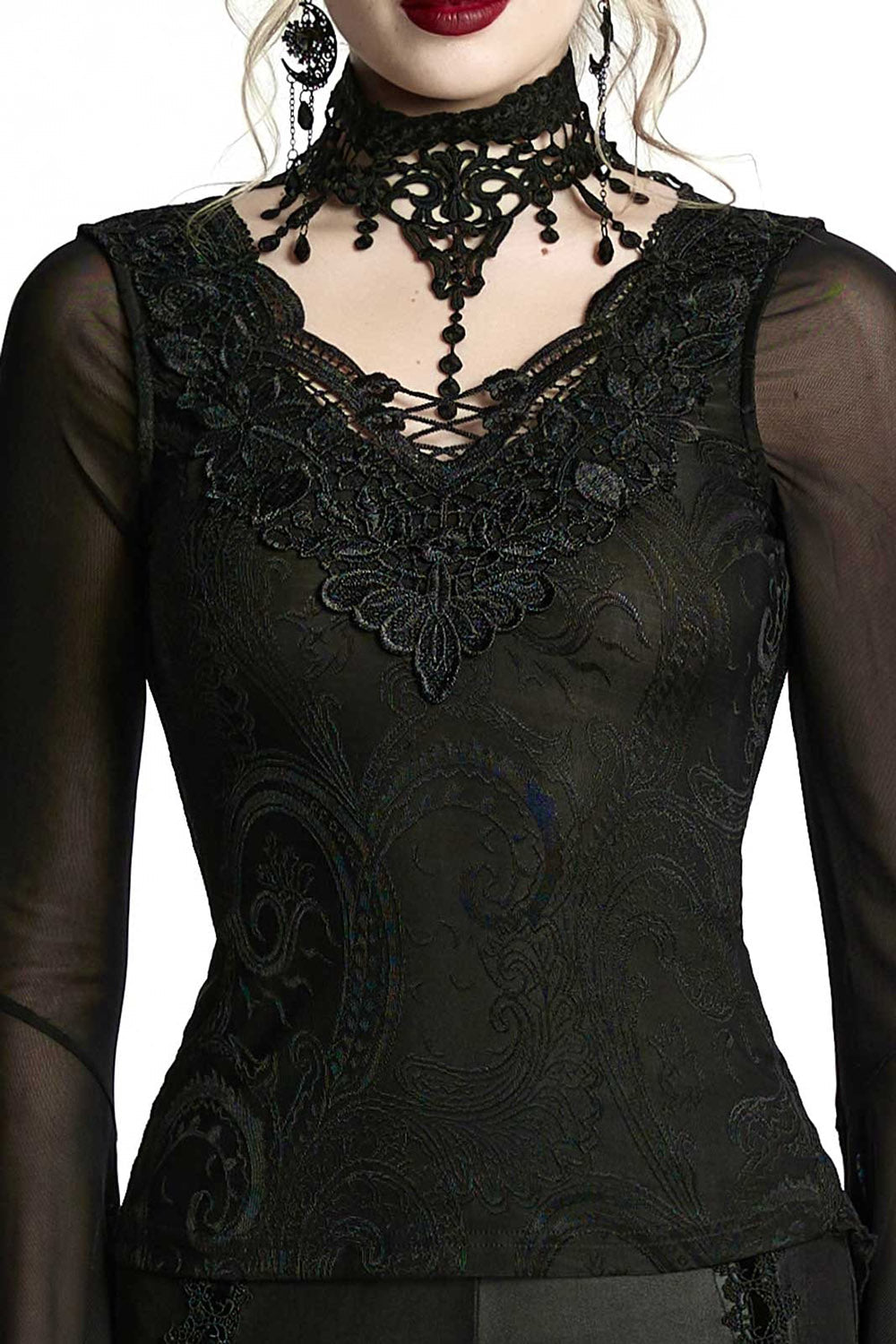 Bathory Damask Mesh Lace-Up Top