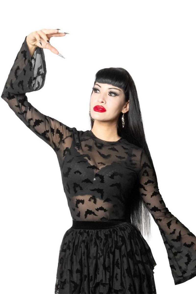 Bat Repeat Mesh Bell Sleeve Top