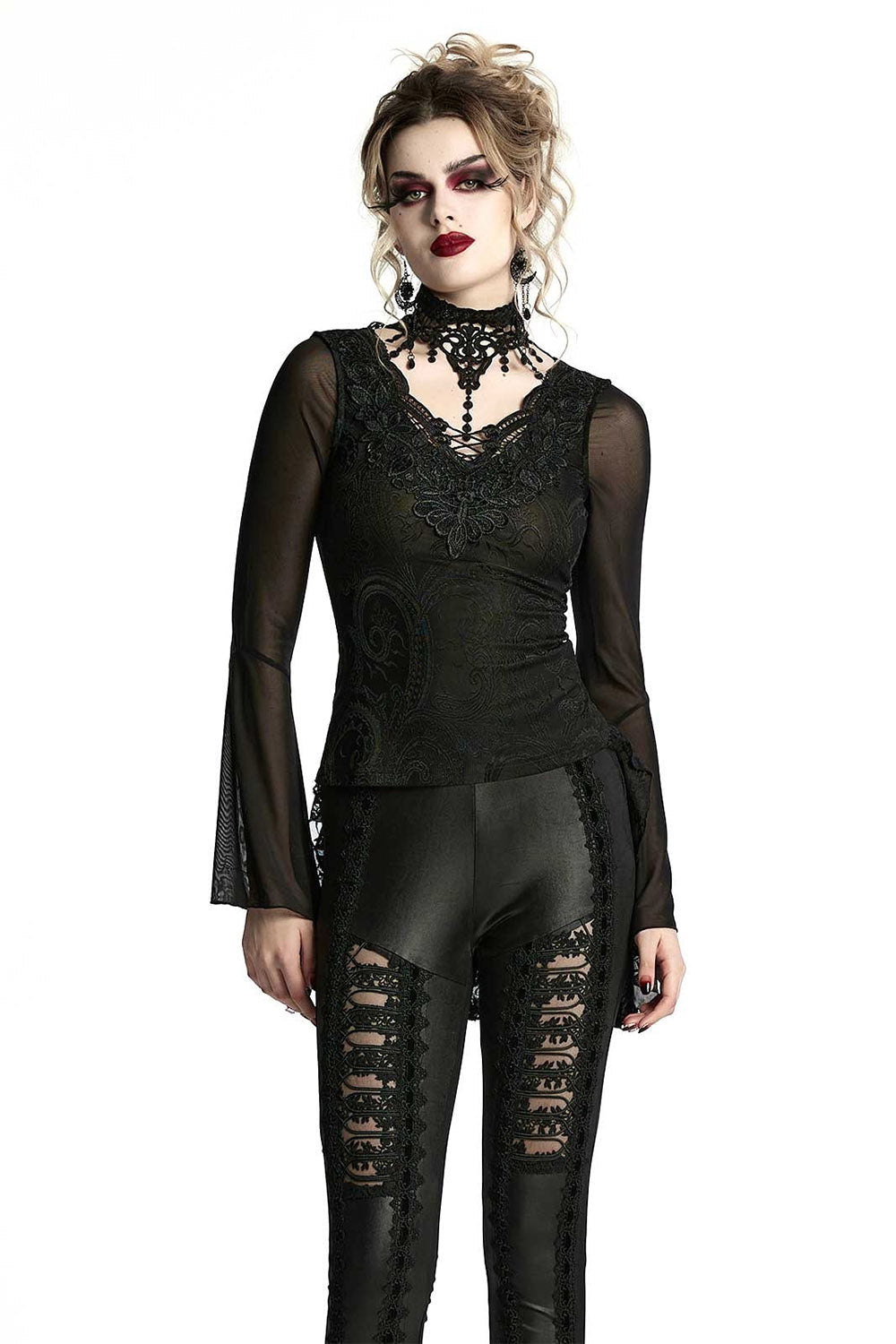 Bathory Damask Mesh Lace-Up Top