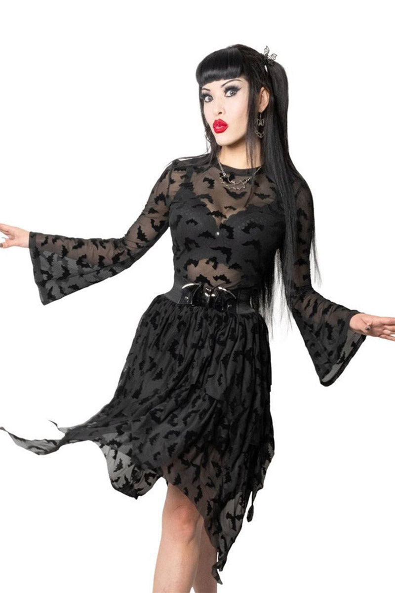 Bat Repeat Mesh Tiered Midi Skirt
