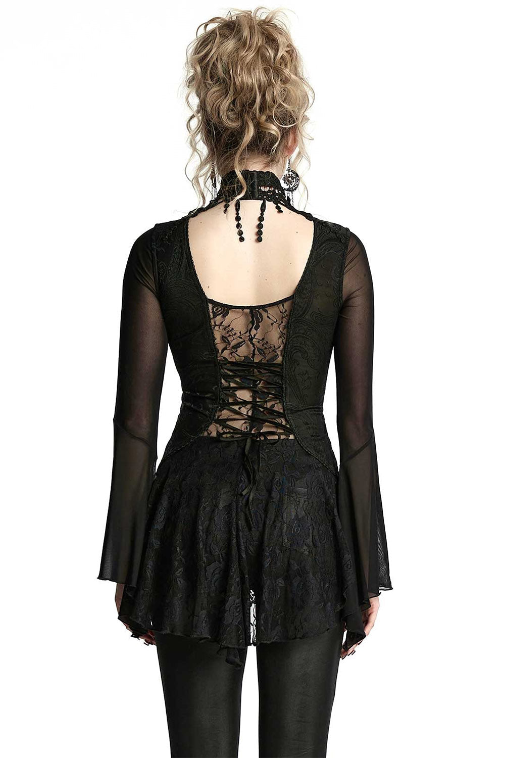 Bathory Damask Mesh Lace-Up Top