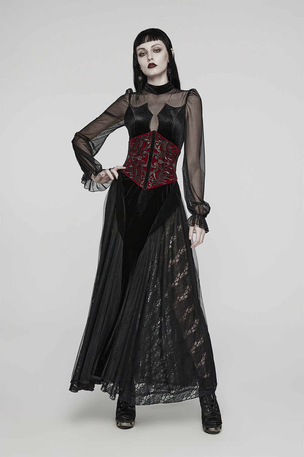 Blood Countess Embroidered Velvet Corset [Black/Red]
