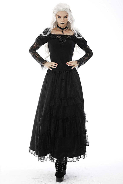 Black Twilight Ruffle Lace Maxi Skirt